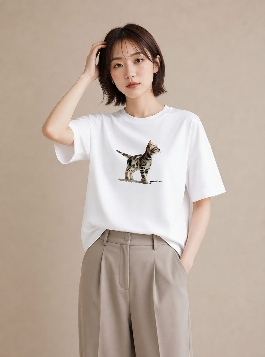 グラフィックTシャツ レディース ブリティッシュショートヘア 猫 ねこ イラスト シンプル 送別ギフト 通勤 白T YMAZO