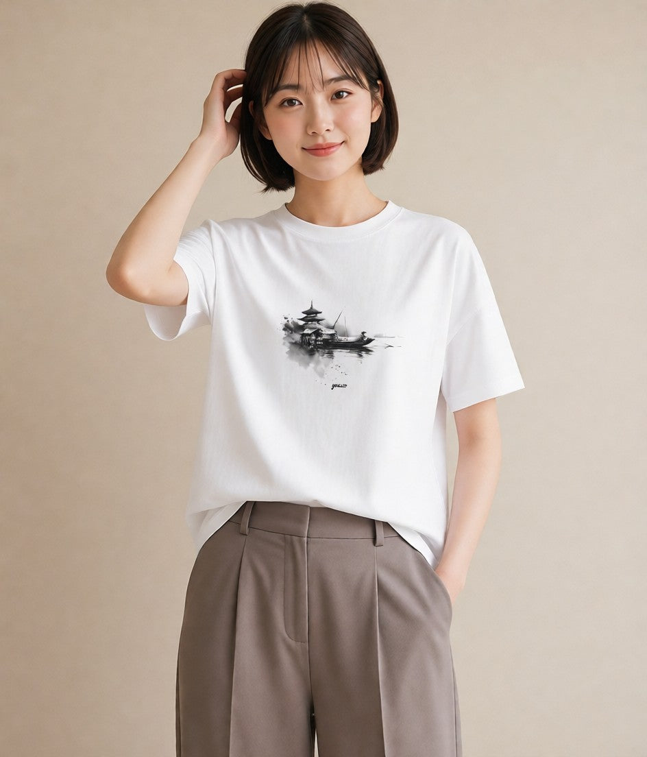 プリントTシャツ レディース 紙の船 水辺 ナチュラル アンティーク イラスト こなれ感 敬老の日 ホワイトデー 白T YMAZO
