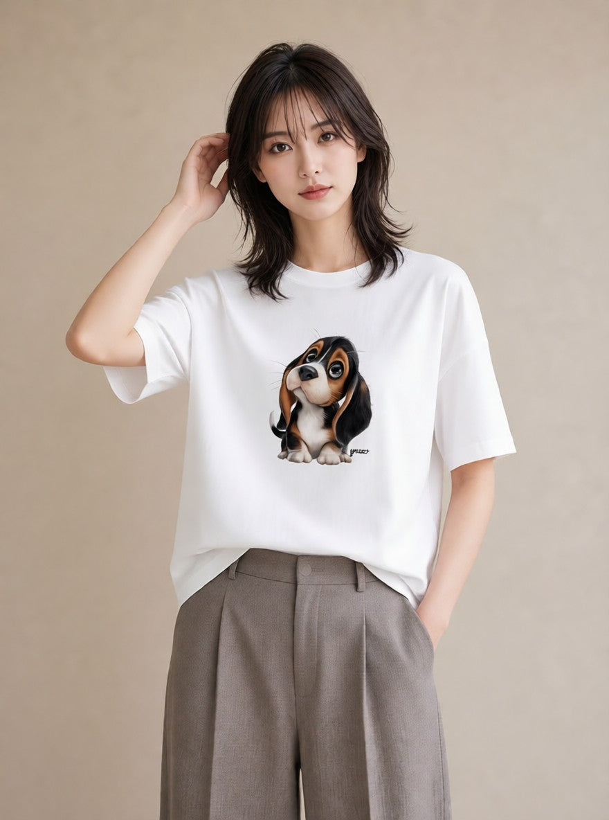 半袖Tシャツ レディース ビーグル 犬 いぬ イラスト 旅行コーデ 通勤 在宅 白T YMAZO