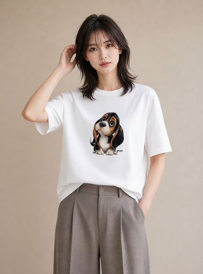 半袖Tシャツ レディース ビーグル 犬 いぬ イラスト 旅行コーデ 通勤 在宅 白T YMAZO