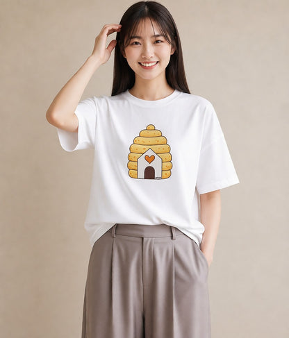 プリントTシャツ レディース ハニー 食べ物 フード イラスト 韓国風 買い物 夏コーデ 白T YMAZO