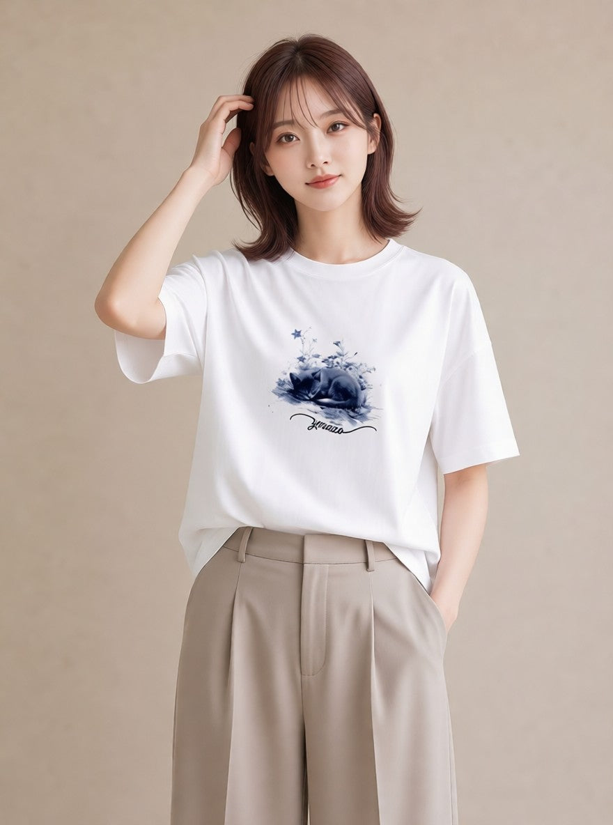 プリントTシャツ レディース ロシアンブルー 猫 ねこ イラスト 北欧風 普段着 週末コーデ 白T YMAZO