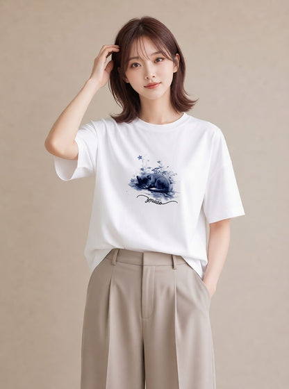 プリントTシャツ レディース ロシアンブルー 猫 ねこ イラスト 北欧風 普段着 週末コーデ 白T YMAZO