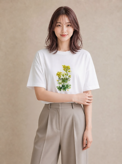プリントTシャツ レディース ミモザ 花 花柄 イラスト 個性的 デート 帰省 白T