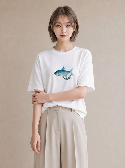 プリントTシャツ レディース 金魚 ペット 動物 イラスト ポップ 旅行用 海 白T YMAZO