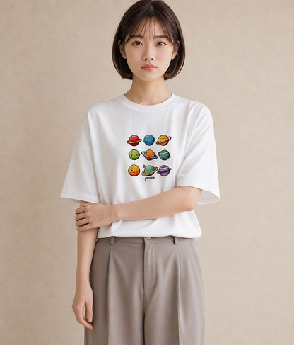 半袖Tシャツ レディース 宇宙 星空 イラスト 旅行コーデ デイリーウェア 休日 白T YMAZO