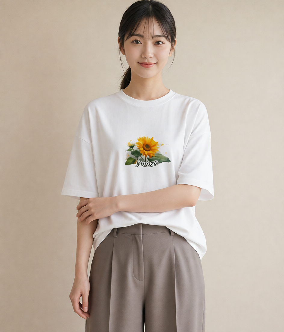 プリントTシャツ レディース ひまわり 向日葵 花 花柄 イラスト ラフカジュアル 友達ギフト 部屋着 白T