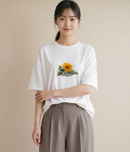 プリントTシャツ レディース ひまわり 向日葵 花 花柄 イラスト ラフカジュアル 友達ギフト 部屋着 白T