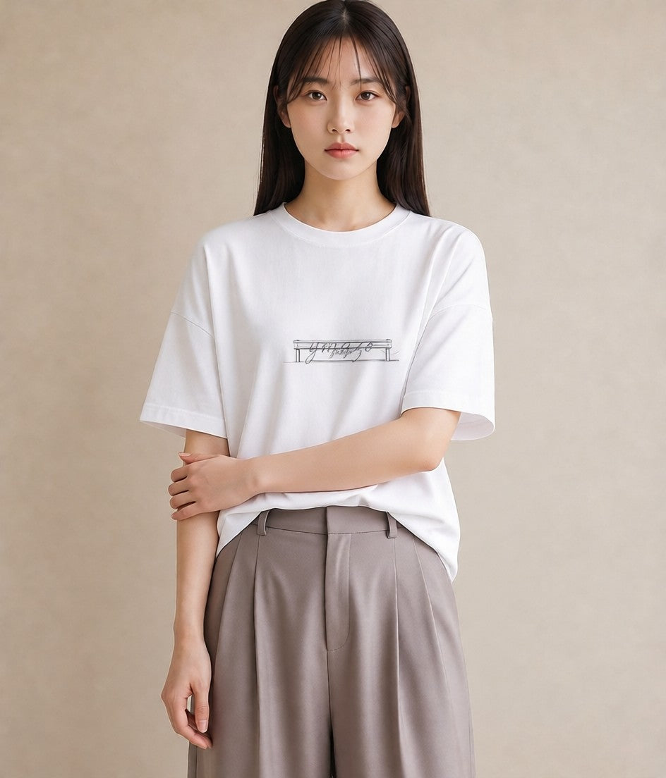 プリントTシャツ レディース 駅のホーム ローカル線 駅 ナチュラル アンティーク イラスト こなれ感 自分用 ルームウェア 白T YMAZO