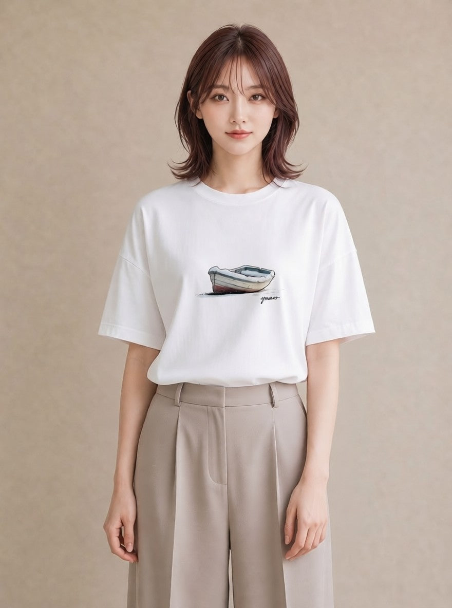 Tシャツ レディース 桟橋 水辺 波止場 ナチュラル アンティーク イラスト カジュアル 帰省 ラフ 白T YMAZO