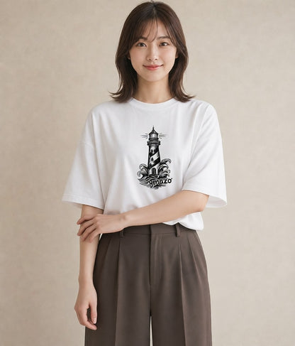 プリントTシャツ レディース 灯台 霧 海 ナチュラル アンティーク イラスト 休日コーデ 敬老の日 ホワイトデー 白T YMAZO