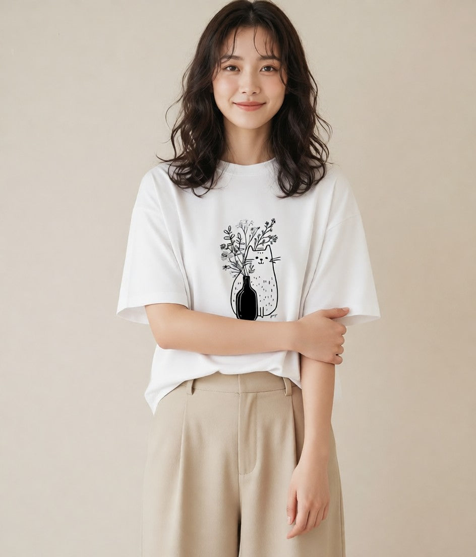 プリントTシャツ レディース 猫 ねこ ネコ イラスト 淡色 ギフト 母の日 白T YMAZO
