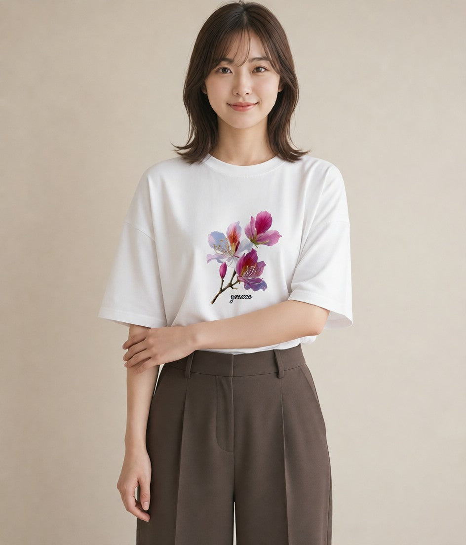 半袖Tシャツ レディース 梅 花 花柄 イラスト 旅行コーデ 買い物 夏コーデ 白T YMAZO