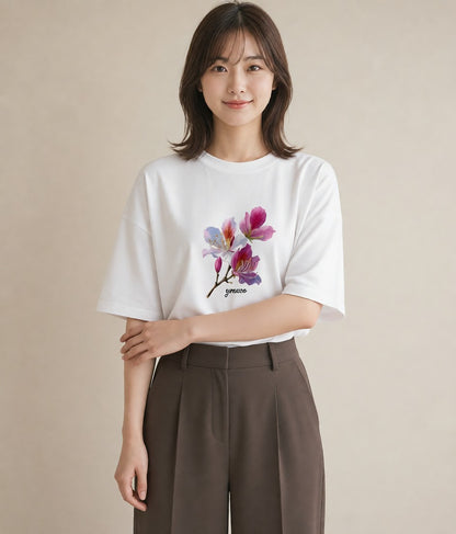 半袖Tシャツ レディース 梅 花 花柄 イラスト 旅行コーデ 買い物 夏コーデ 白T YMAZO
