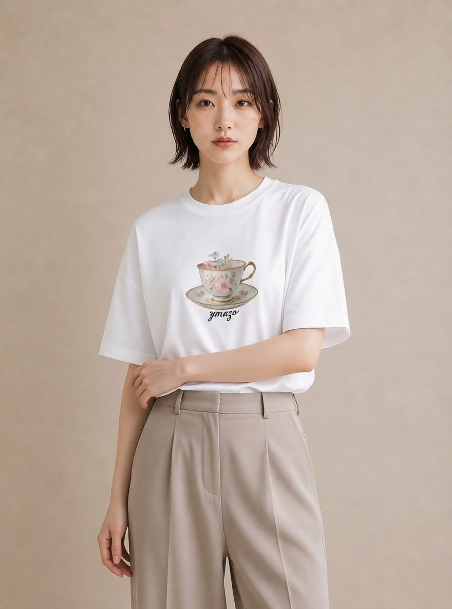 プリントTシャツ レディース 紅茶 食べ物 フード イラスト シンプル 部屋着 女性向けギフト 白T YMAZO