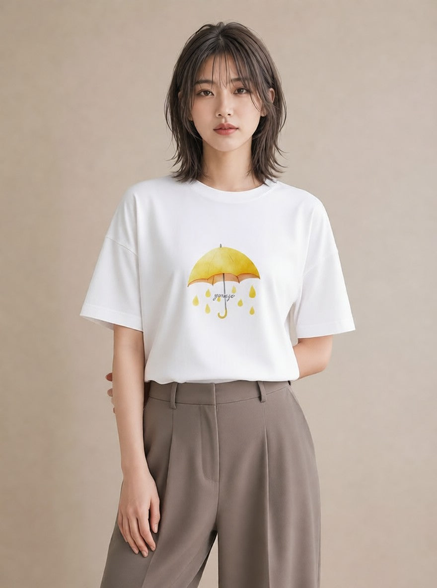 プリントTシャツ レディース 傘 水たまり 雨 ナチュラル アンティーク イラスト ボタニカル 旅行 母娘コーデ 白T YMAZO