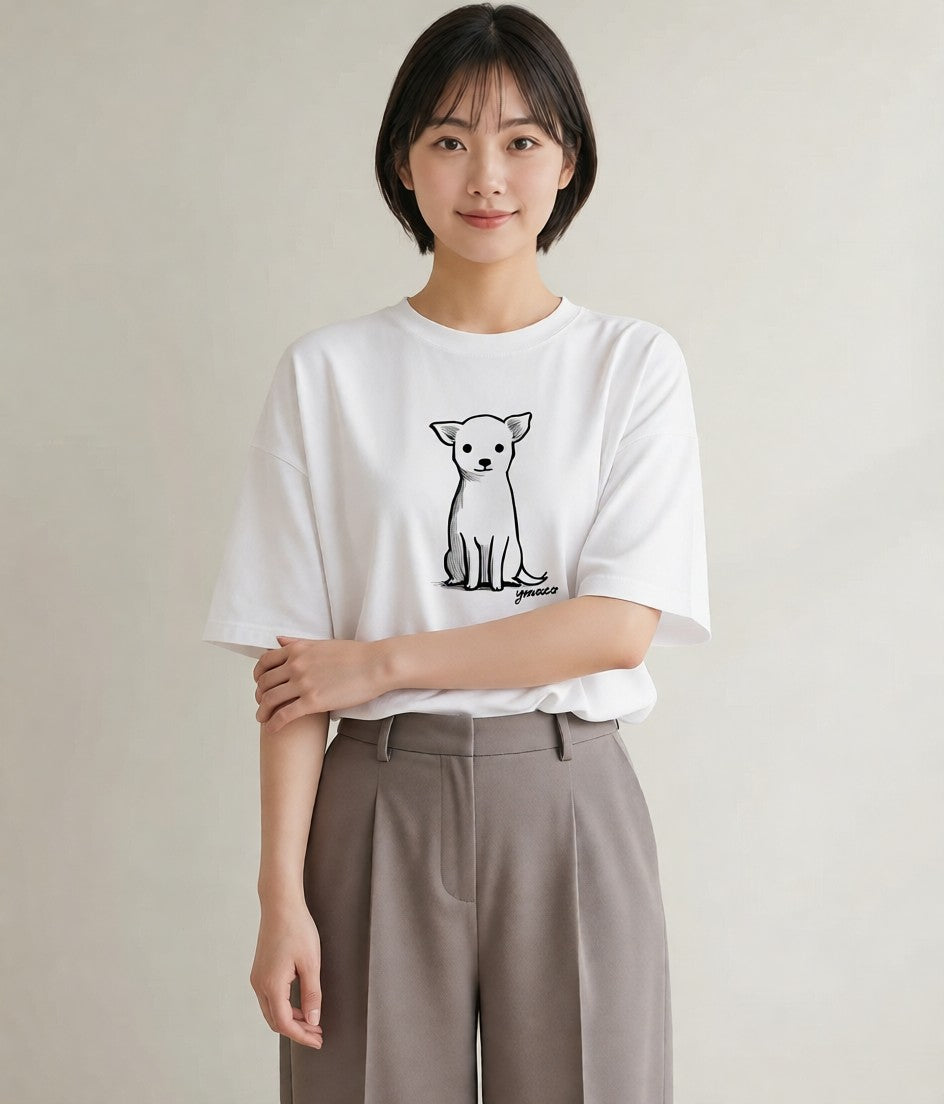 半袖Tシャツ レディース 犬 いぬ わんこ イラスト 買い物 夏コーデ 白T YMAZO