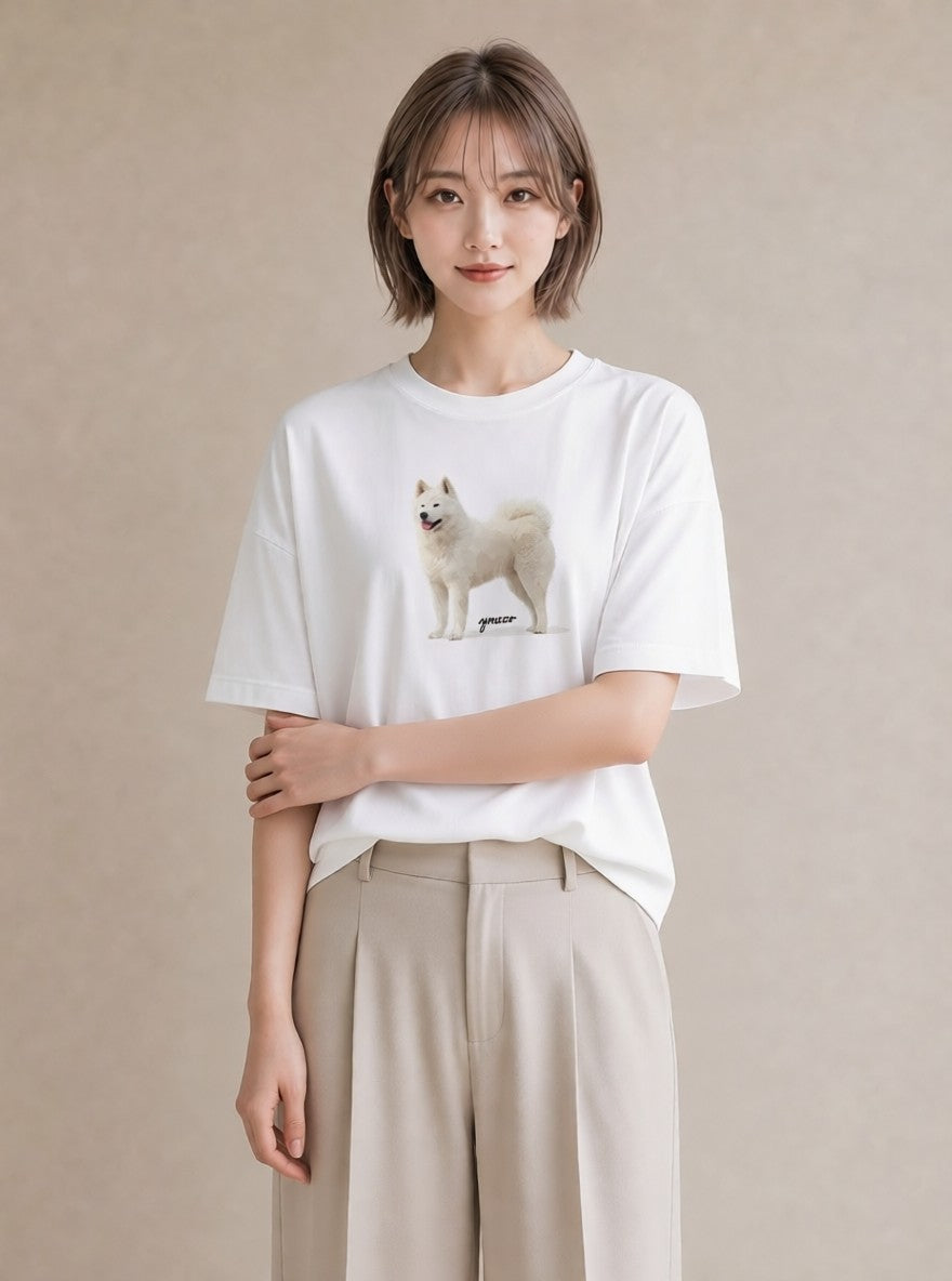 グラフィックTシャツ レディース サモエド 犬 いぬ イラスト シック 春服 ミセス 白T YMAZO