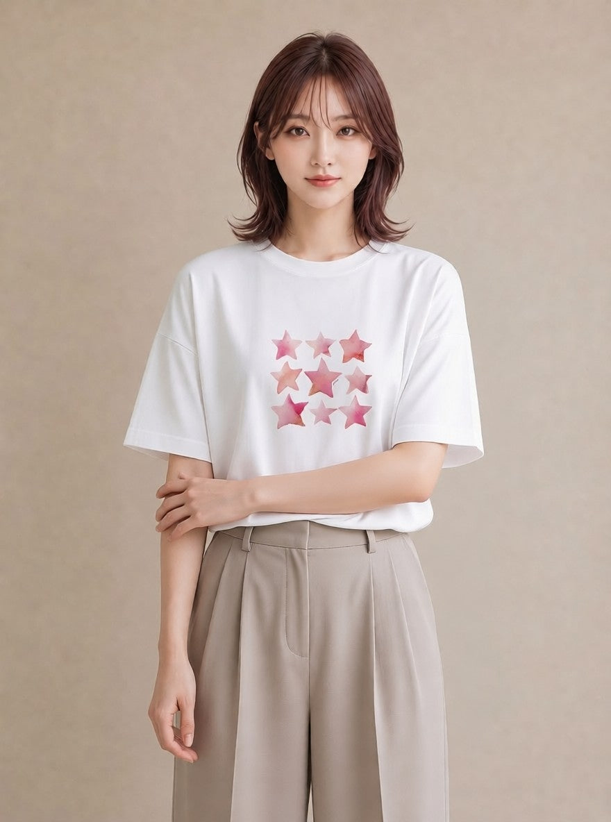 デザインTシャツ レディース 星空 宇宙 イラスト 休日コーデ 買い物 夏コーデ 白T YMAZO