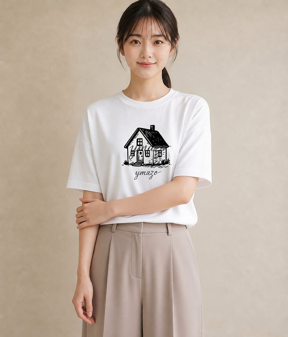 グラフィックTシャツ レディース 灯りの家 小屋 夜 ナチュラル アンティーク イラスト きれいめ カフェ巡り 女子会 白T YMAZO