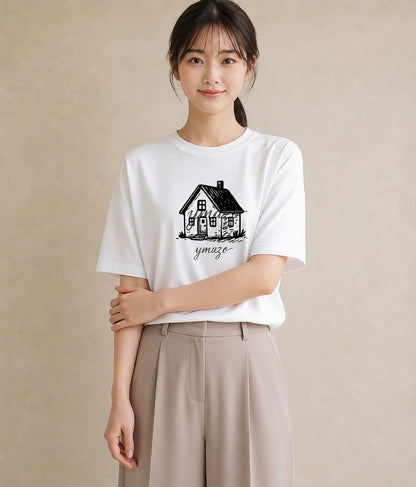 グラフィックTシャツ レディース 灯りの家 小屋 夜 ナチュラル アンティーク イラスト きれいめ カフェ巡り 女子会 白T YMAZO