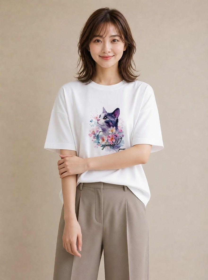 半袖Tシャツ レディース ペルシャ 猫 ねこ イラスト 個性的 カフェ服 クリスマス 白T YMAZO