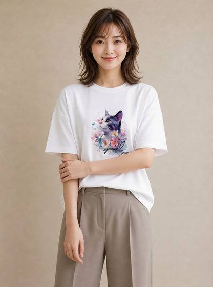 半袖Tシャツ レディース ペルシャ 猫 ねこ イラスト 個性的 カフェ服 クリスマス 白T YMAZO