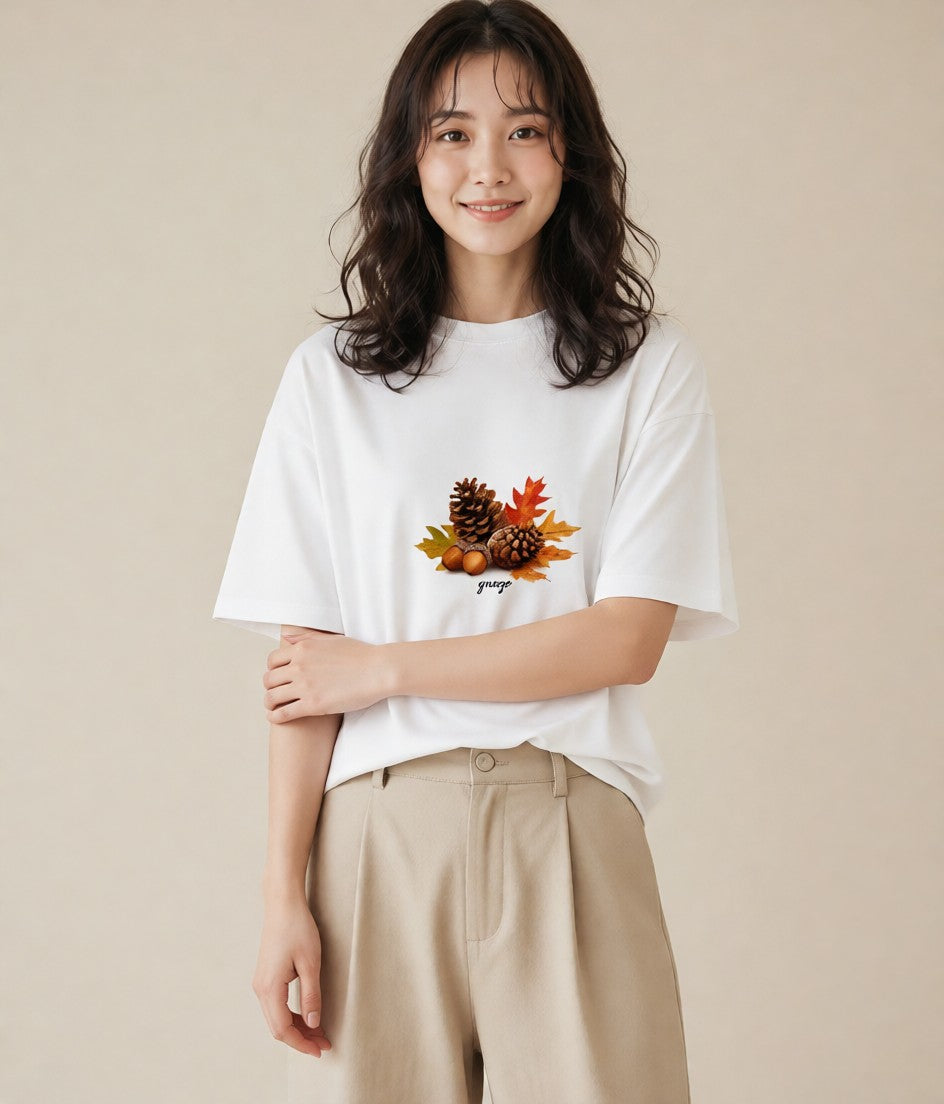 グラフィックTシャツ レディース どんぐり 植物 ボタニカル イラスト ポップ 旅行 母娘コーデ 白T YMAZO