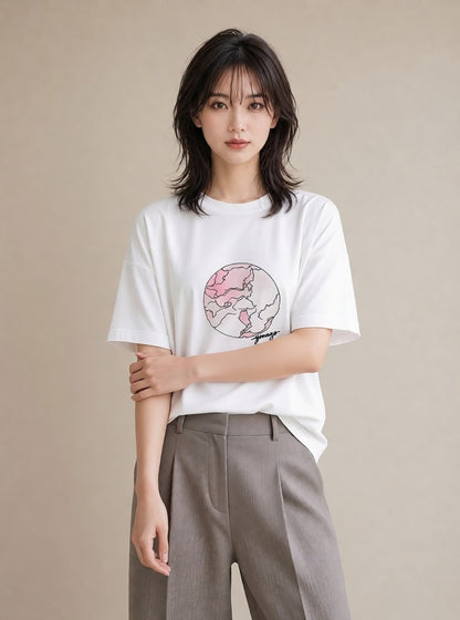 Tシャツ レディース 満月 星空 宇宙 イラスト シンプル 旅行 母娘コーデ 白T YMAZO