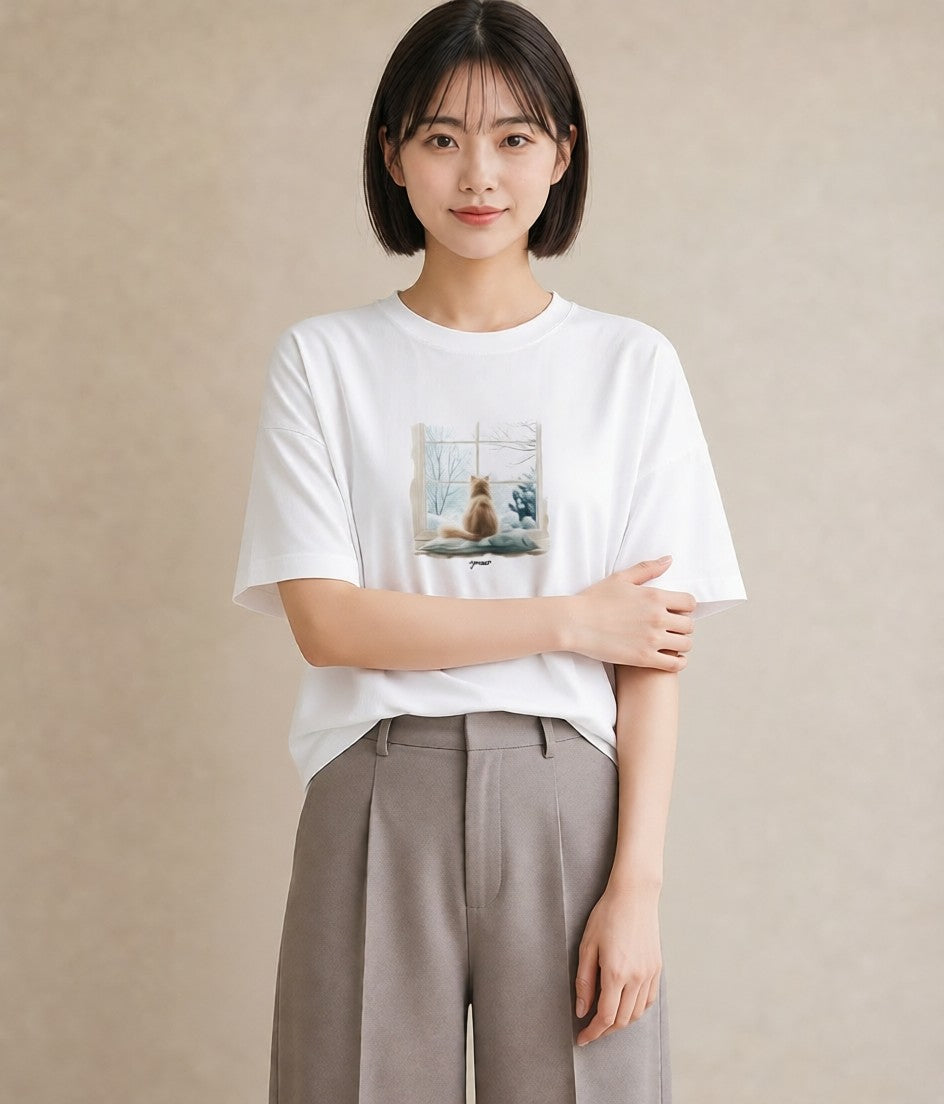 プリントTシャツ レディース ソマリ 猫 ねこ イラスト カジュアル 公園 ママ 白T YMAZO