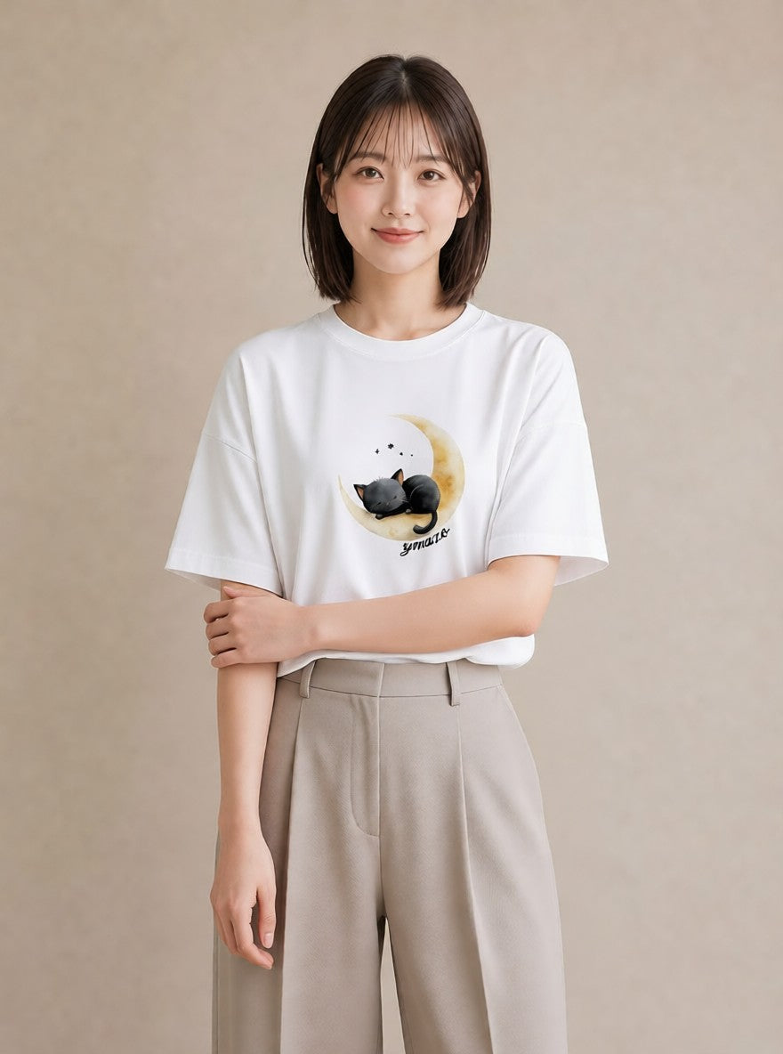 プリントTシャツ レディース 三日月 星空 宇宙 イラスト 旅行コーデ クリスマス 旅行 白T YMAZO