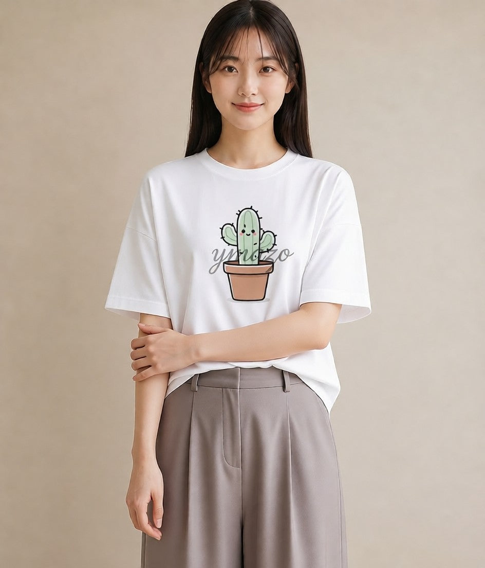 デザインTシャツ レディース サボテン 植物 ボタニカル イラスト 普段使い 休日 ペアコーデ 白T YMAZO