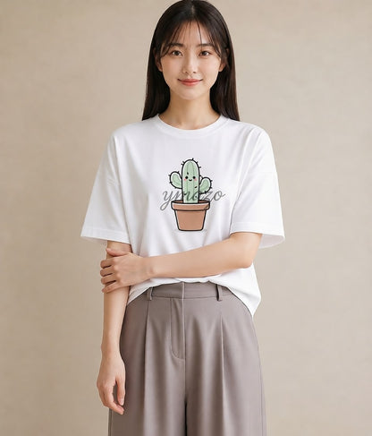 デザインTシャツ レディース サボテン 植物 ボタニカル イラスト 普段使い 休日 ペアコーデ 白T YMAZO