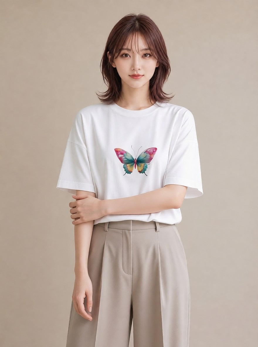 デザインTシャツ レディース ちょうちょ 蝶 バタフライ 昆虫 虫 イラスト シック ビーチ デイリーウェア 白T YMAZO