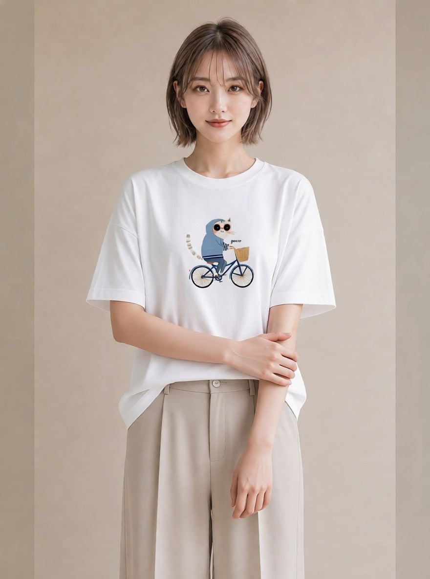 グラフィックTシャツ レディース 自転車のかご 自転車 花かご ナチュラル アンティーク イラスト ヴィンテージ風 送別ギフト 通勤 白T YMAZO