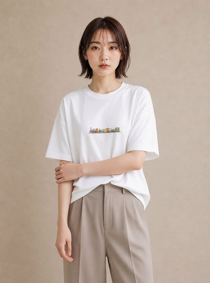 プリントTシャツ レディース 駅のホーム ローカル線 駅 ナチュラル アンティーク イラスト 可愛い ラフ レイヤード 白T YMAZO