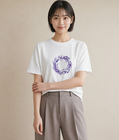 半袖Tシャツ レディース ラベンダー 花 花柄 イラスト 買い物 夏コーデ 白T YMAZO