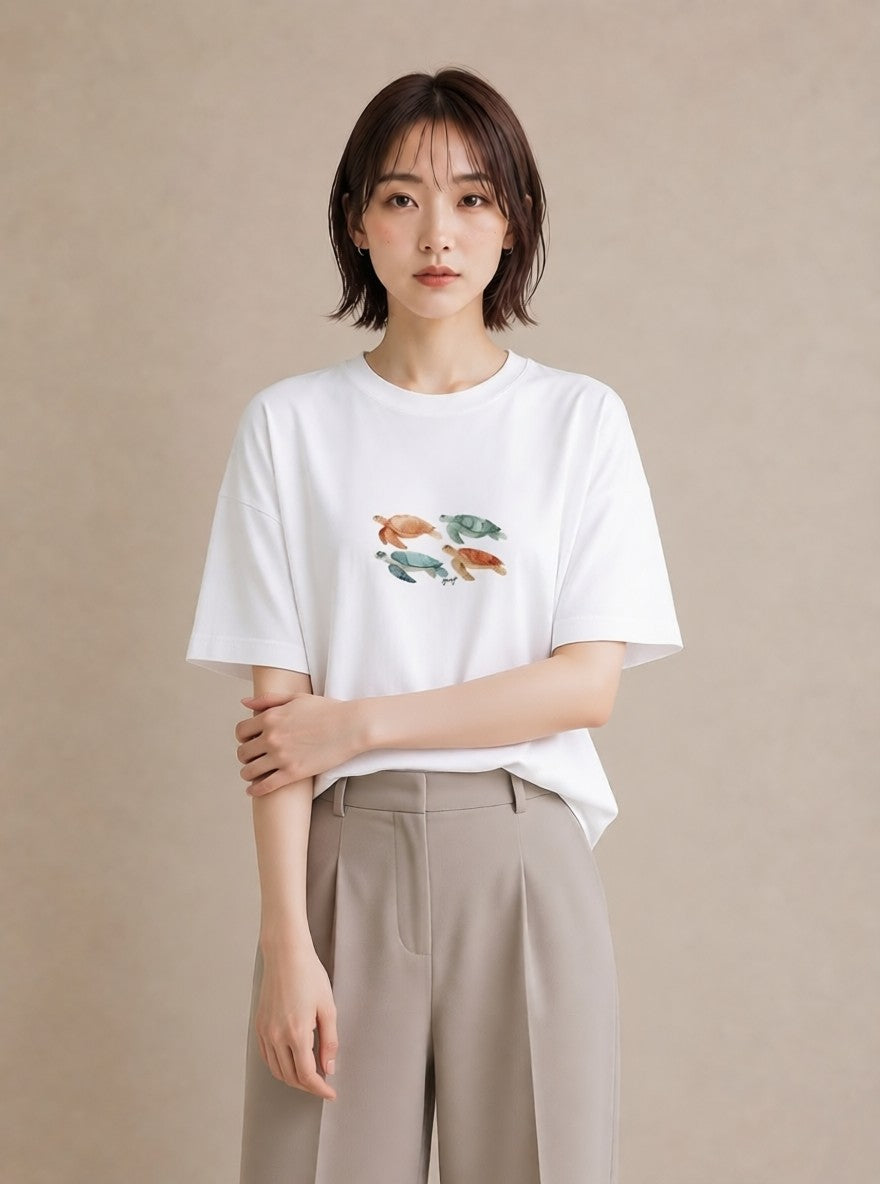 半袖Tシャツ レディース カメ ペット 動物 イラスト 個性的 普段着 週末コーデ 白T YMAZO