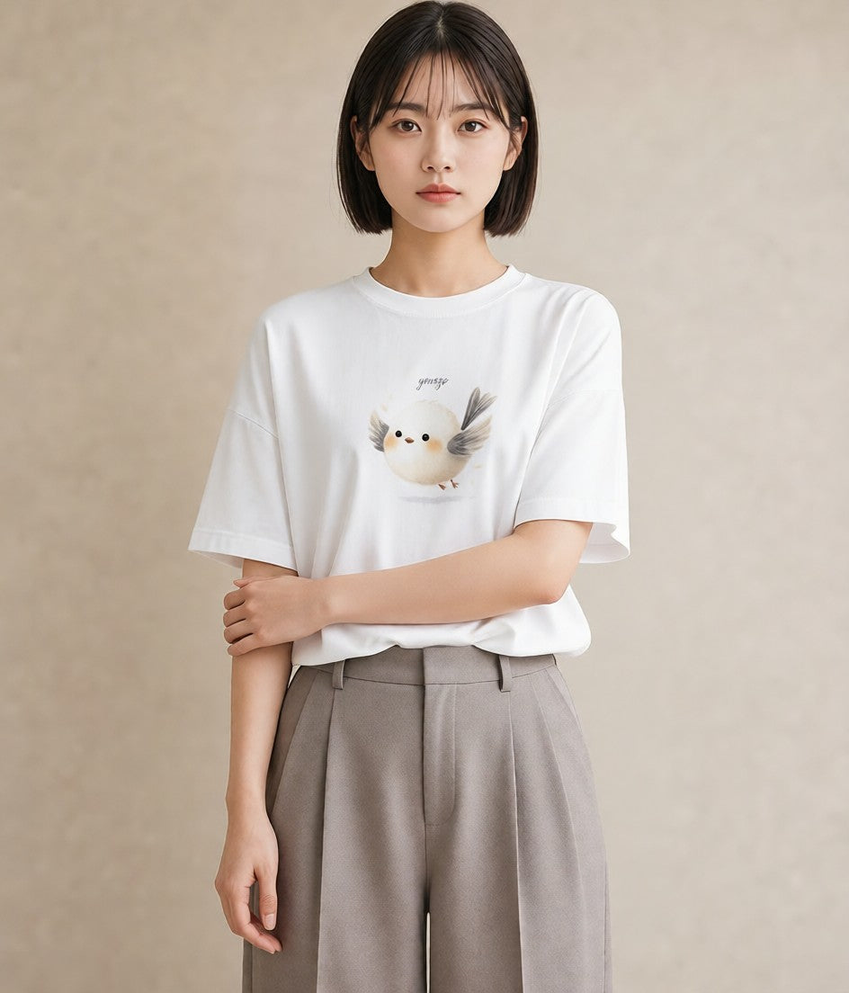 デザインTシャツ レディース 小鳥 ペット 動物 イラスト レトロ 海 カフェ巡り 白T YMAZO