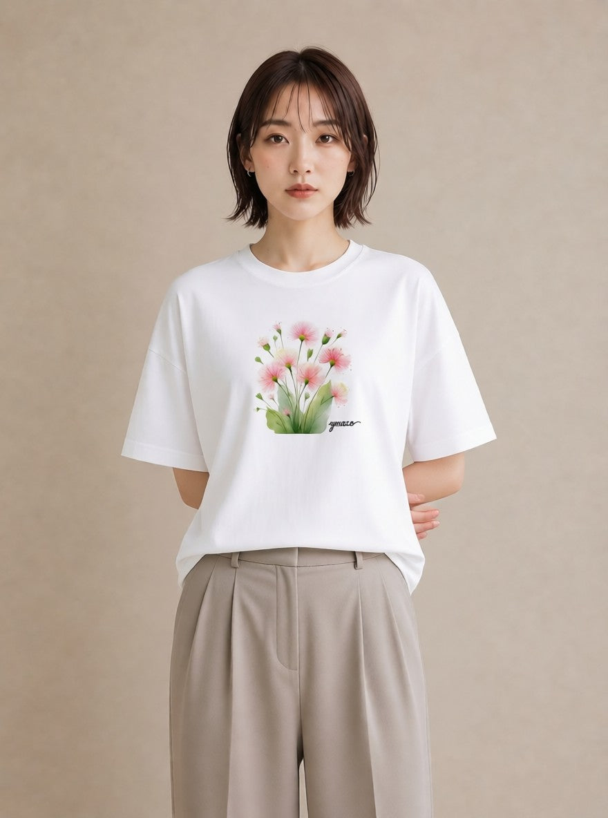 グラフィックTシャツ レディース クローバー 四つ葉 花 花柄 イラスト 線画 デート 帰省 白T YMAZO