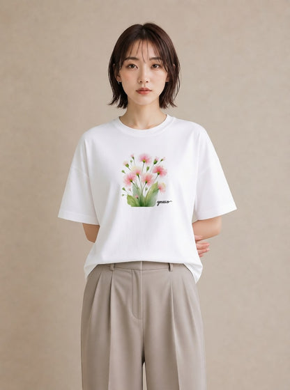 グラフィックTシャツ レディース クローバー 四つ葉 花 花柄 イラスト 線画 デート 帰省 白T YMAZO