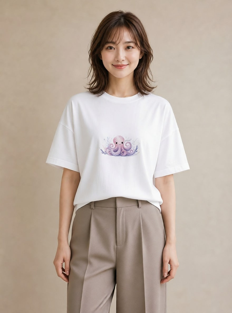 Tシャツ レディース タコ 海の生き物 海 イラスト ニュアンス 週末コーデ 敬老の日 白T YMAZO