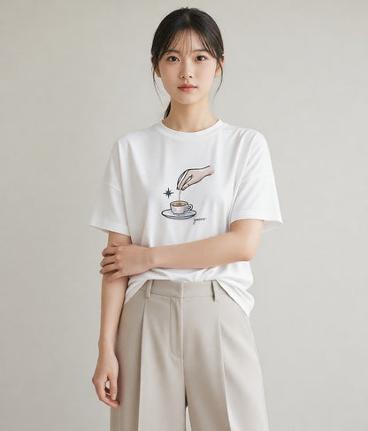 プリントTシャツ レディース コーヒー カフェ 珈琲 イラスト 北欧風 普段着 週末コーデ 白T YMAZO
