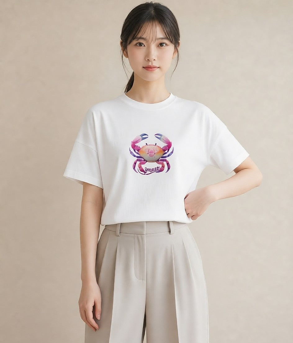 プリントTシャツ レディース 蟹座 星空 宇宙 イラスト ボタニカル 女性向けギフト 散歩 白T YMAZO