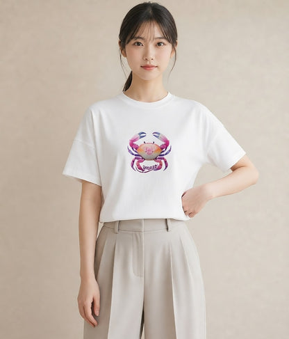 プリントTシャツ レディース 蟹座 星空 宇宙 イラスト ボタニカル 女性向けギフト 散歩 白T YMAZO