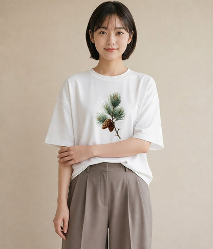 半袖Tシャツ レディース 松ぼっくり 植物 ボタニカル イラスト 北欧風 ギフト 母の日 白T YMAZO