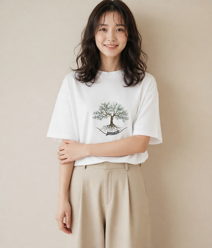 半袖Tシャツ レディース 木 植物 ボタニカル イラスト きれいめ 母娘コーデ 自分用 白T YMAZO