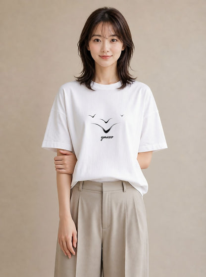 グラフィックTシャツ レディース パールピアス アクセサリー ナチュラル アンティーク イラスト お洒落 レイヤード 友達ギフト 白T YMAZO