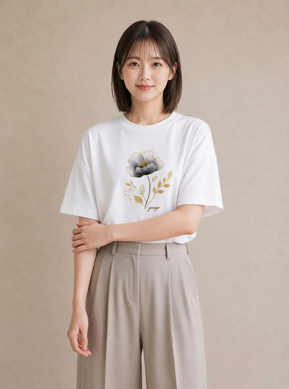 プリントTシャツ レディース 蓮 花 花柄 イラスト シック ラフ レイヤード 白T