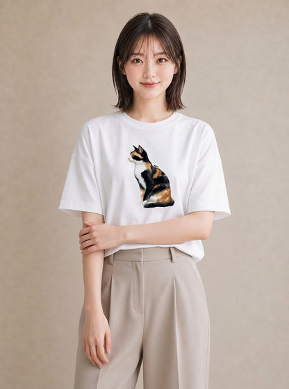 デザインTシャツ レディース 肉球 猫 ねこ イラスト アート風 海 カフェ巡り 白T YMAZO